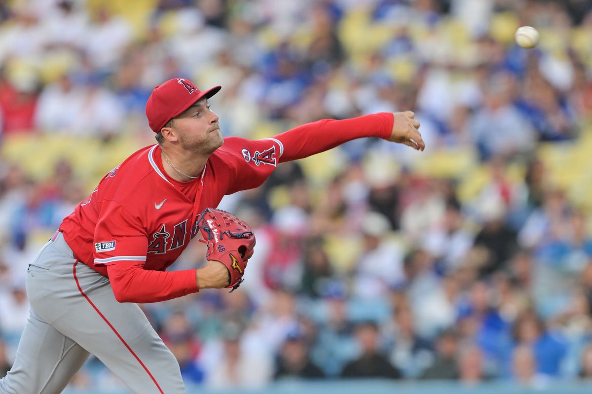 Los Angeles Angels pitcher Reid Detmers (48) pitches during the first inning against the Los Angeles Dodgers at Dodger Stadium. Los Angeles Angels pitcher Reid Detmers (48) pitches during the first inning against the Los Angeles Dodgers at Dodger Stadium.