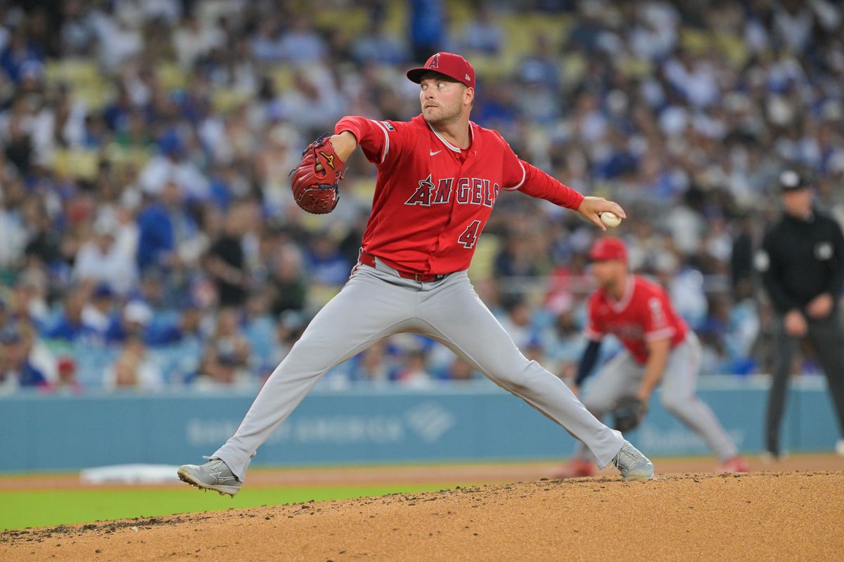 Los Angeles Angels pitcher Reid Detmers (48) pitches during the third inning against the Los Angeles Dodgers at Dodger Stadium. 