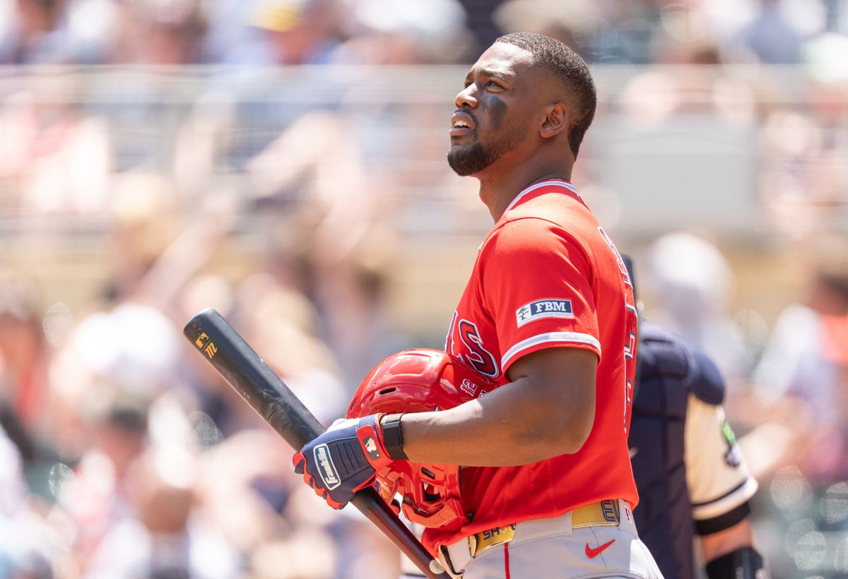 Jul 11, 2026; Minneapolis, Minnesota, USA; Los Angeles Angels designated hitter Jorge Soler (12) reacts to a foul ball in the first inning against the Minnesota Twins at Target Field. Mandatory Credit: Matt Blewett-Imagn Images Jul 11, 2026; Minneapolis, Minnesota, USA; Los Angeles Angels designated hitter Jorge Soler (12) reacts to a foul ball in the first inning against the Minnesota Twins at Target Field. Mandatory Credit: Matt Blewett-Imagn Images