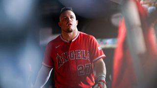 Los Angeles Angels edge closer to franchise rock bottom taken in Anaheim (Los Angeles Angels). Photo by Sep 23, 2026; West Sacramento, California, USA; Los Angeles Angels designated hitter Mike Trout (27) looks on from the dugout during the third inning against the Athletics at Sutter Health Park. Mandatory Credit: Sergio Estrada-Imagn Images