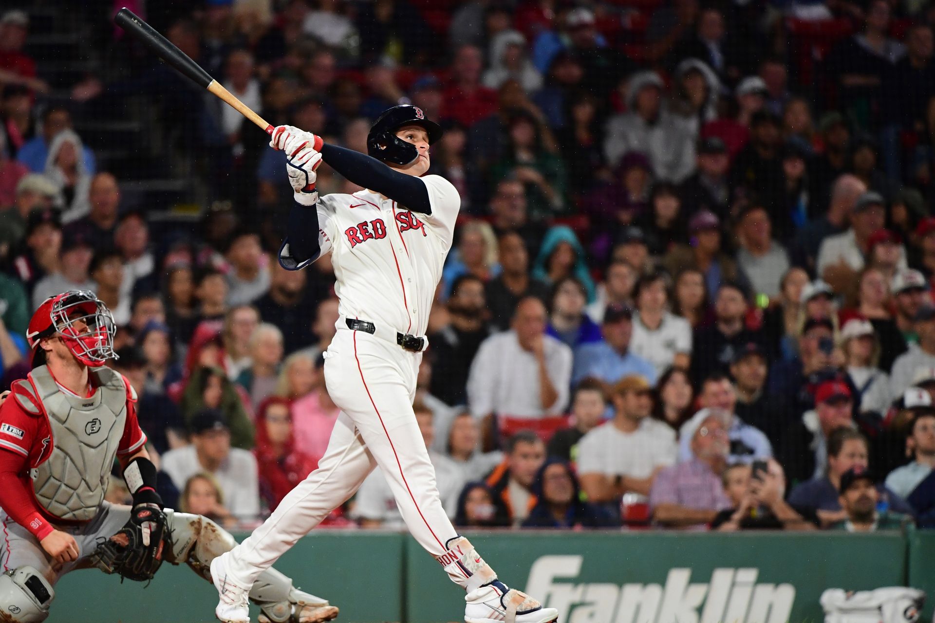Sep 9, 2026; Boston, Massachusetts, USA; Boston Red Sox designated hitter Roman Anthony (19) hits a two run home run during the fifth inning against the Los Angeles Angels at Fenway Park. Mandatory Credit: Bob DeChiara-Imagn Images Sep 9, 2026; Boston, Massachusetts, USA; Boston Red Sox designated hitter Roman Anthony (19) hits a two run home run during the fifth inning against the Los Angeles Angels at Fenway Park. Mandatory Credit: Bob DeChiara-Imagn Images