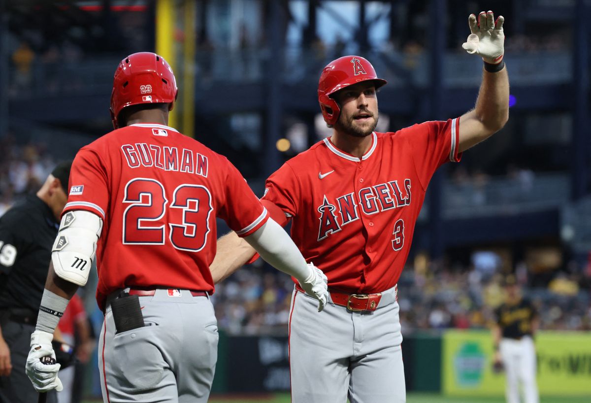 Sep 5, 2026; Pittsburgh, Pennsylvania, USA; Los Angeles Angels third baseman Denzer Guzman (23) greets right fielder Josh Lowe (3) crossing home plate on a solo home run against the Pittsburgh Pirates during the fifth inning at PNC Park. Mandatory Credit: Charles LeClaire-Imagn Images Sep 5, 2026; Pittsburgh, Pennsylvania, USA; Los Angeles Angels third baseman Denzer Guzman (23) greets right fielder Josh Lowe (3) crossing home plate on a solo home run against the Pittsburgh Pirates during the fifth inning at PNC Park. Mandatory Credit: Charles LeClaire-Imagn Images
