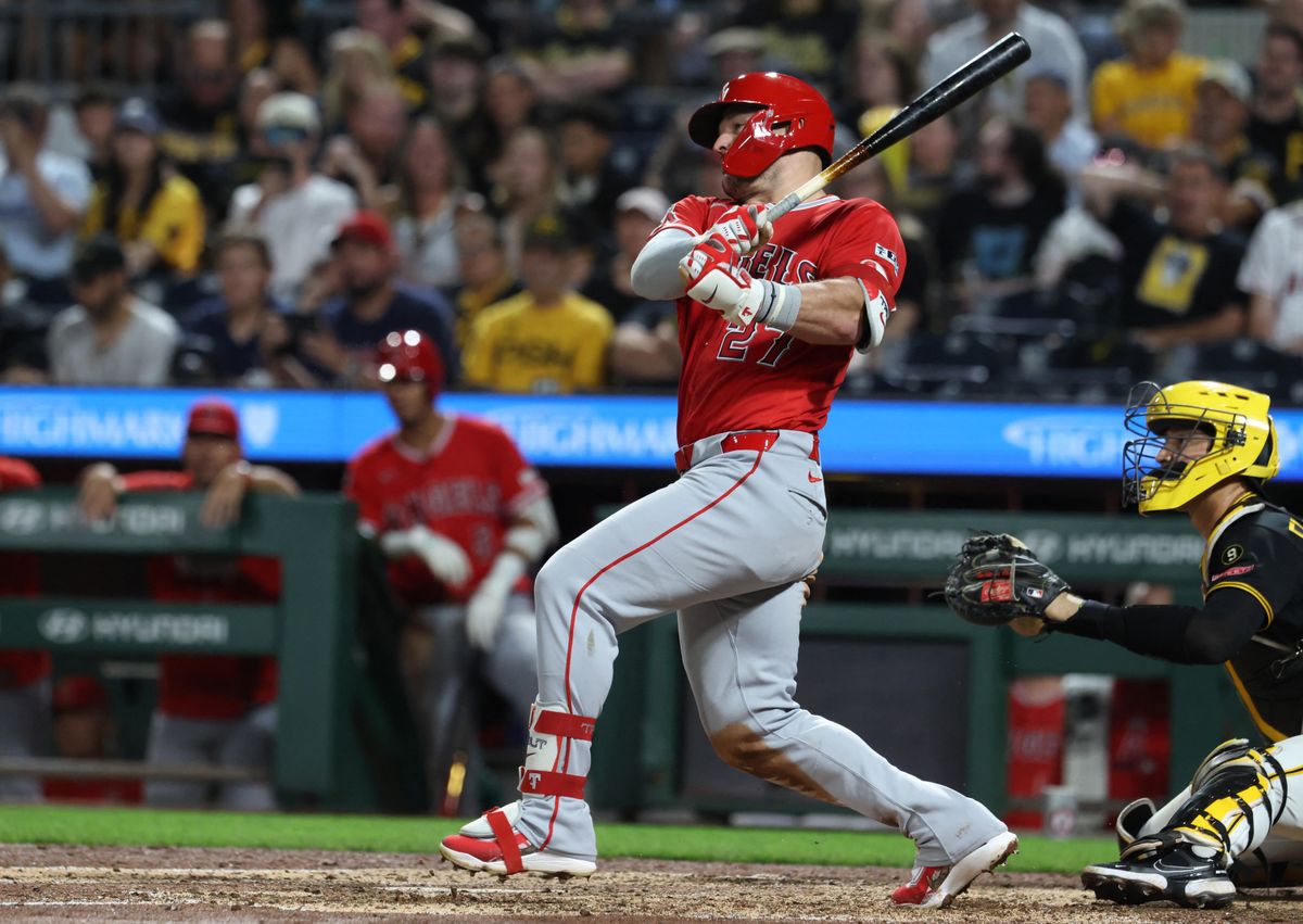 Sep 5, 2026; Pittsburgh, Pennsylvania, USA; Los Angeles Angels center fielder Mike Trout (27) hits an RBI single against the Pittsburgh Pirates during the seventh inning at PNC Park. Mandatory Credit: Charles LeClaire-Imagn Images Sep 5, 2026; Pittsburgh, Pennsylvania, USA; Los Angeles Angels center fielder Mike Trout (27) hits an RBI single against the Pittsburgh Pirates during the seventh inning at PNC Park. Mandatory Credit: Charles LeClaire-Imagn Images