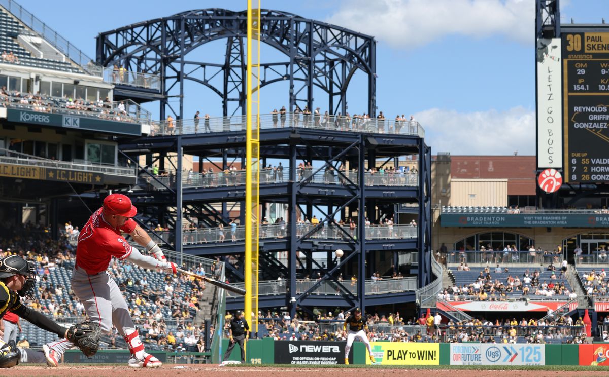 Sep 6, 2026; Pittsburgh, Pennsylvania, USA; Los Angeles Angels designated hitter Mike Trout (27) hits a double during the fifth inning against the Pittsburgh Pirates at PNC Park. Mandatory Credit: Charles LeClaire-Imagn Images Sep 6, 2026; Pittsburgh, Pennsylvania, USA; Los Angeles Angels designated hitter Mike Trout (27) hits a double during the fifth inning against the Pittsburgh Pirates at PNC Park. Mandatory Credit: Charles LeClaire-Imagn Images