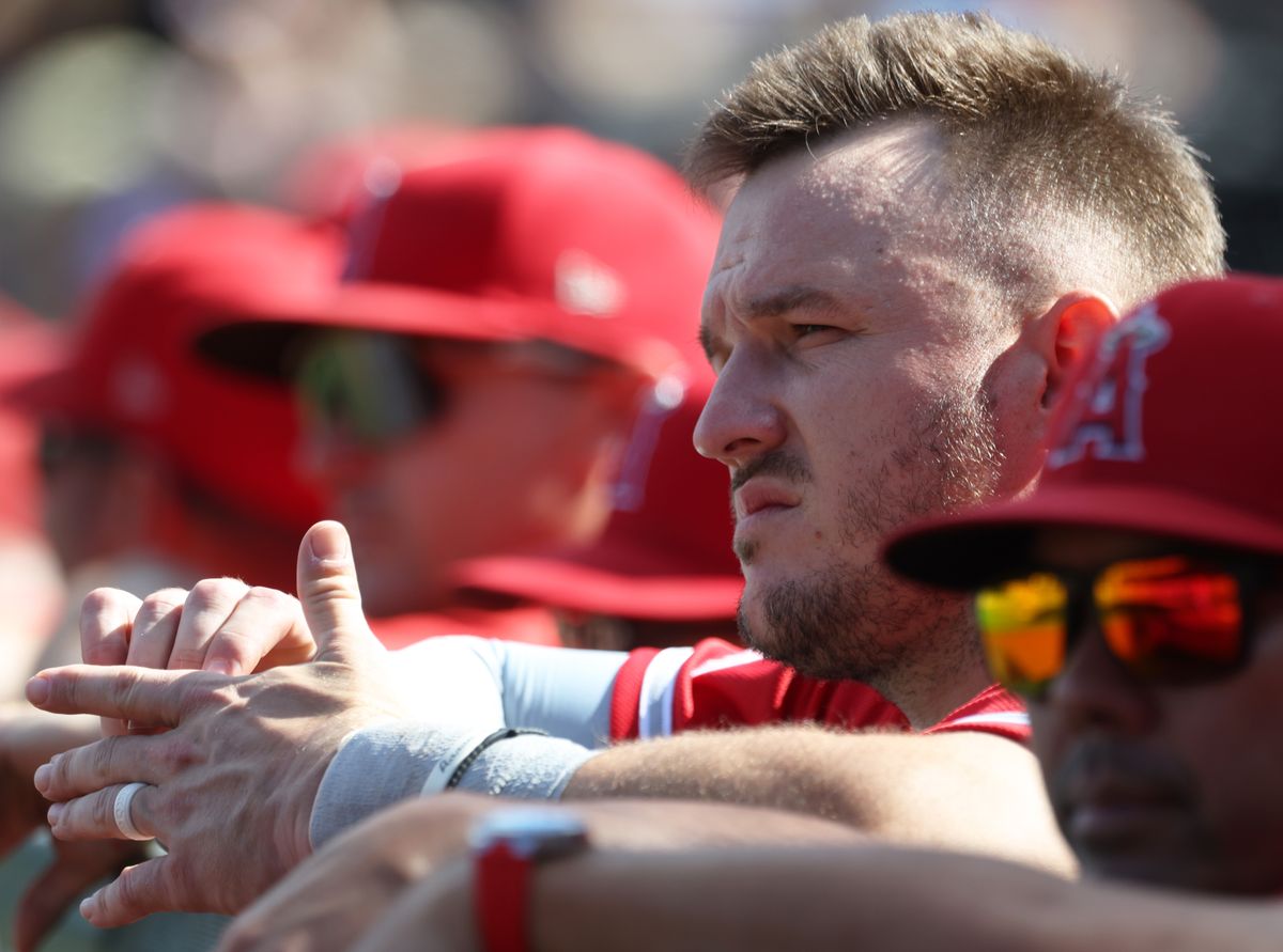 Sep 6, 2026; Pittsburgh, Pennsylvania, USA; Los Angeles Angels designated hitter Mike Trout (27) looks on from the dugout against the Pittsburgh Pirates during the ninth inning at PNC Park. Mandatory Credit: Charles LeClaire-Imagn Images Sep 6, 2026; Pittsburgh, Pennsylvania, USA; Los Angeles Angels designated hitter Mike Trout (27) looks on from the dugout against the Pittsburgh Pirates during the ninth inning at PNC Park. Mandatory Credit: Charles LeClaire-Imagn Images