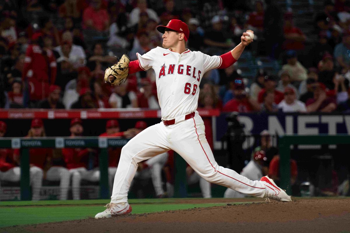 Los Angeles Angels pitcher Sam Aldegheri (66) throws a pitch during MLB game against the Houston Astros on Friday, September 13, 2024 in Anaheim, California.