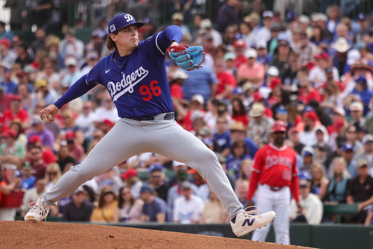 Los Angeles Dodgers pitcher Landon Knack (96) throws the ball during a spring training baseball game against the Los Angeles Angels Wednesday March 5th, 2025 at Tempe Diablo Stadium in Tempe, Ariz.