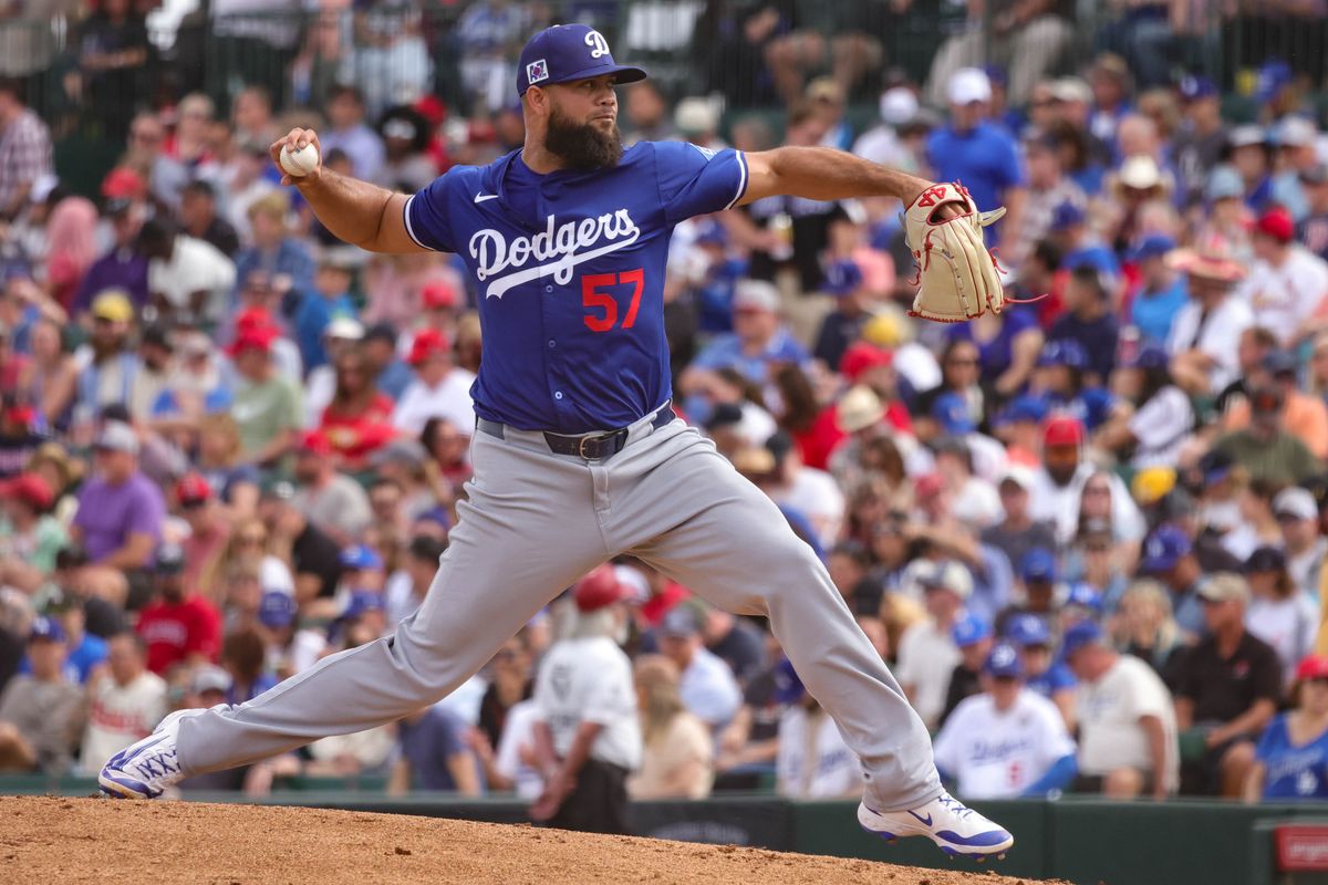 Los Angeles Dodgers pitcher Luis Garcia (57) throws the ball during a spring training baseball game against the Los Angeles Angels Wednesday March 5th, 2025 at Tempe Diablo Stadium in Tempe, Ariz.