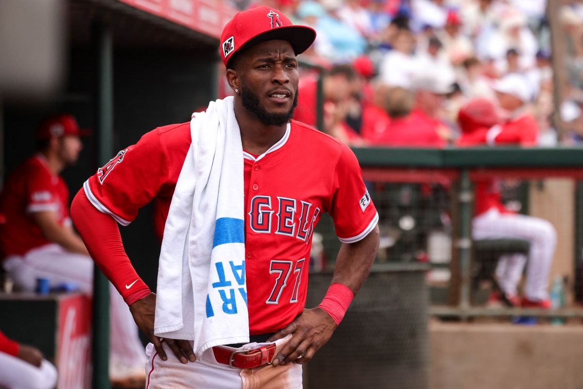 Los Angeles Angels center fielder Tim Anderson (77) rests in the dugout during a spring training baseball game against the Los Angeles Dodgers Wednesday March 5th, 2025 at Tempe Diablo Stadium in Tempe, Ariz.