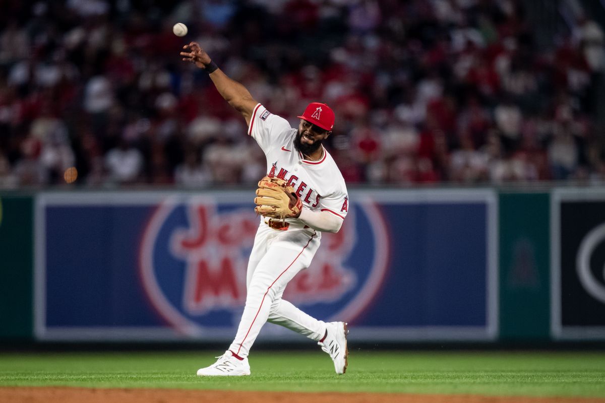 Los Angeles Angels third base Luis Rengifo (2)throws from outfield during the game against the Cleveland Guardians on Friday, April 4th, 2025, at Angel Stadium in Anaheim, CA.