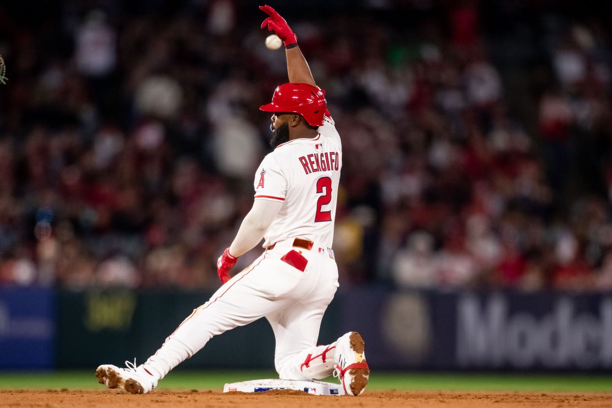 Los Angeles Angels third base Luis Rengifo (2)celebrates after making it safely to second base during the game against the Cleveland Guardians on Friday, April 4th, 2025, at Angel Stadium in Anaheim, CA.