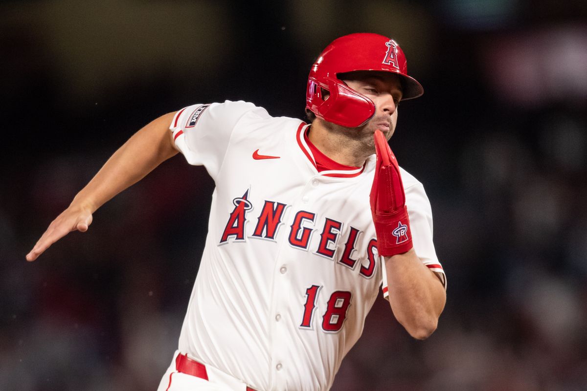 Los Angeles Angels first base Nolan Schanuel (18) runs home during the game against the Cleveland Guardians on Friday, April 4th, 2025, at Angel Stadium in Anaheim, CA.