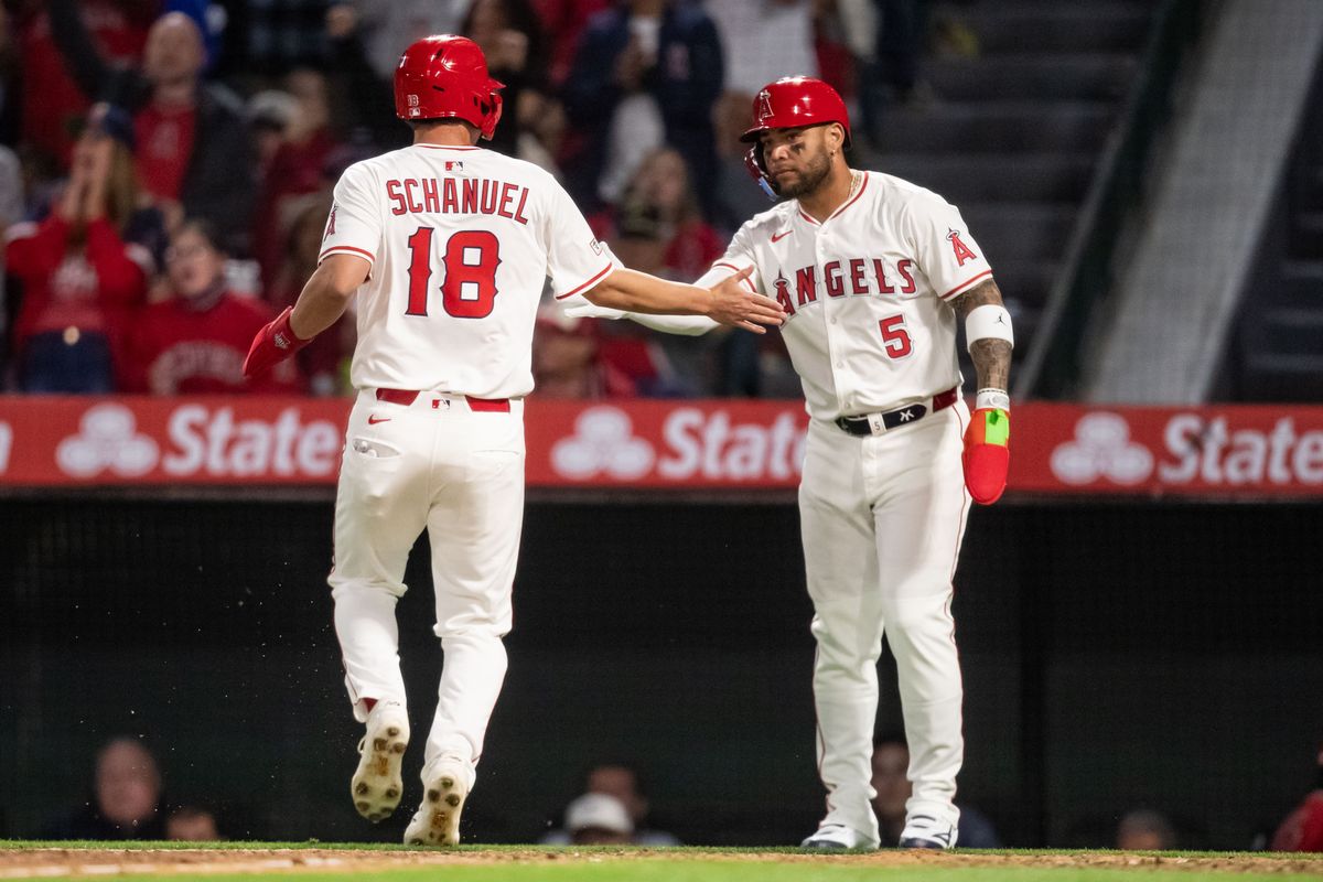Los Angeles Angels first base Nolan Schanuel (18) reaches home plate during the game against the Cleveland Guardians on Friday, April 4th, 2025, at Angel Stadium in Anaheim, CA.