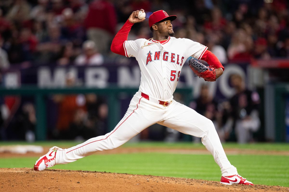 Los Angeles Angels pitcher José Soriano (59) pitches ball during the game against the Cleveland Guardians on Friday, April 4th, 2025, at Angel Stadium in Anaheim, CA.