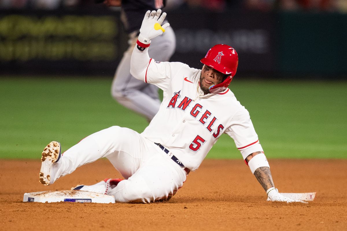 Los Angeles Angels third base Yoán Moncada (5) slides into second base during the game against the Cleveland Guardians on Friday, April 4th, 2025, at Angel Stadium in Anaheim, CA.