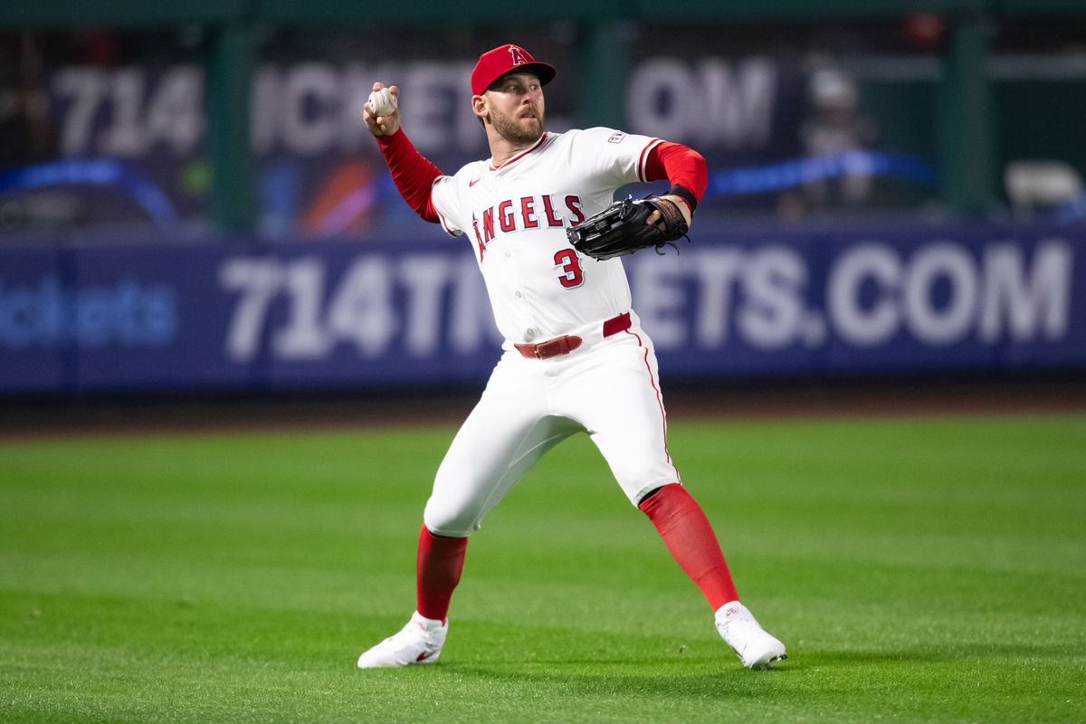 Los Angeles Angels outfielder Taylor Ward (3) throws the ball from outfield during the game against the Cleveland Guardians on Friday, April 4th, 2025, at Angel Stadium in Anaheim, CA.