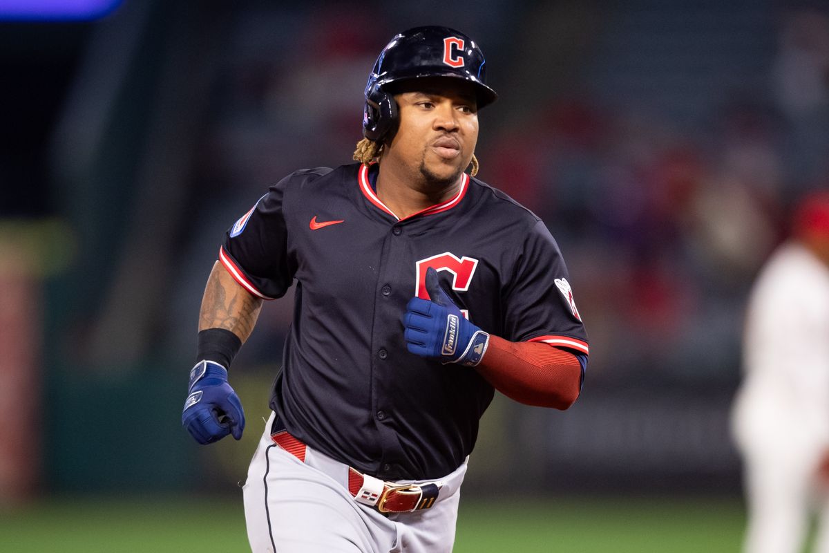 Cleveland Guardians third base José Ramírez (11) runs home after hitting third home run during the game against the Los Angeles Angels on Friday, April 4th, 2025, at Angel Stadium in Anaheim, CA.