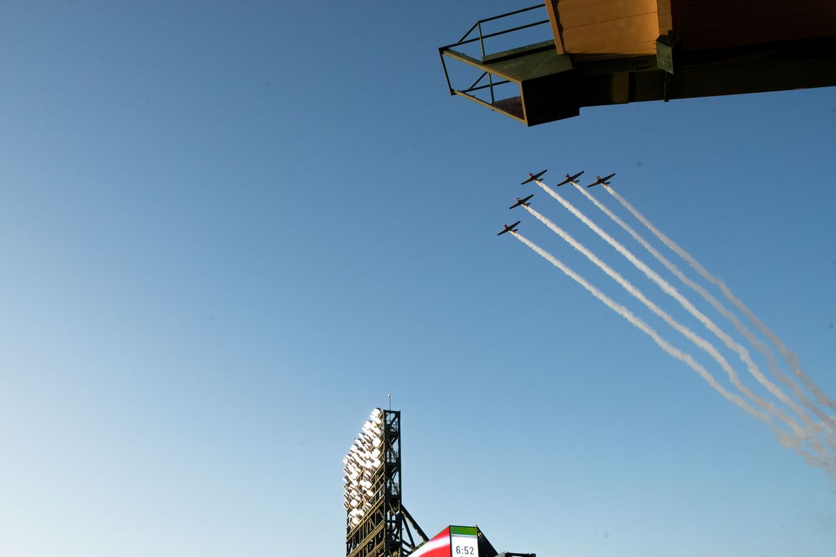 Jets fly over Los Angeles Angels Stadium before the game against the Cleveland Guardians on Friday, April 4th, 2025, at Angel Stadium in Anaheim, CA.