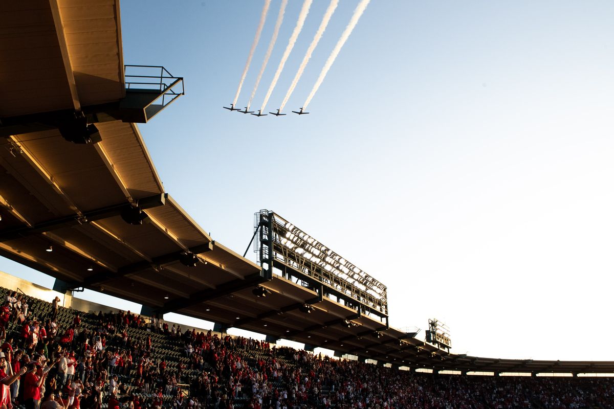 Jets fly over Los Angeles Angels Stadium before the game against the Cleveland Guardians on Friday, April 4th, 2025, at Angel Stadium in Anaheim, CA.