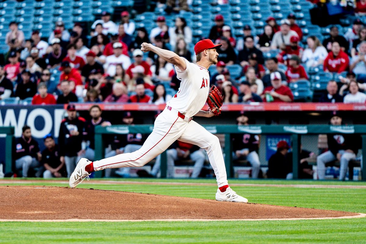 Los Angeles Angels P Jack Kochanowicz (41) throws a strike at the batter during the game against the Cleveland Guardians on Saturday, April 5th, 2025, at Angel Stadium in Anaheim, CA. Los Angeles Angels P Jack Kochanowicz (41) throws a strike at the batter during the game against the Cleveland Guardians on Saturday, April 5th, 2025, at Angel Stadium in Anaheim, CA.
