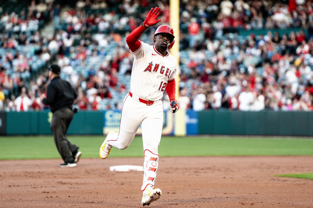 Los Angeles Angels OF Jorge Soler (12) celebrates a home run during the game against the Cleveland Guardians on Saturday, April 5th, 2025, at Angel Stadium in Anaheim, CA. Los Angeles Angels OF Jorge Soler (12) celebrates a home run during the game against the Cleveland Guardians on Saturday, April 5th, 2025, at Angel Stadium in Anaheim, CA.