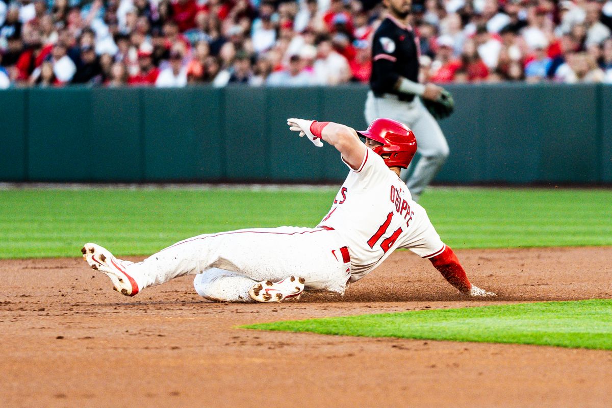 Los Angeles Angels C Logan O'Hoppe (14) slides to second base during the game against the Cleveland Guardians on Saturday, April 5th, 2025, at Angel Stadium in Anaheim, CA. Los Angeles Angels C Logan O'Hoppe (14) slides to second base during the game against the Cleveland Guardians on Saturday, April 5th, 2025, at Angel Stadium in Anaheim, CA.