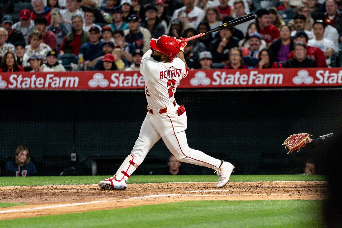 Los Angeles Angels IF Luis Rengifo (2) swings at a pitch during the game against the Cleveland Guardians on Saturday, April 5th, 2025, at Angel Stadium in Anaheim, CA. Los Angeles Angels IF Luis Rengifo (2) swings at a pitch during the game against the Cleveland Guardians on Saturday, April 5th, 2025, at Angel Stadium in Anaheim, CA.