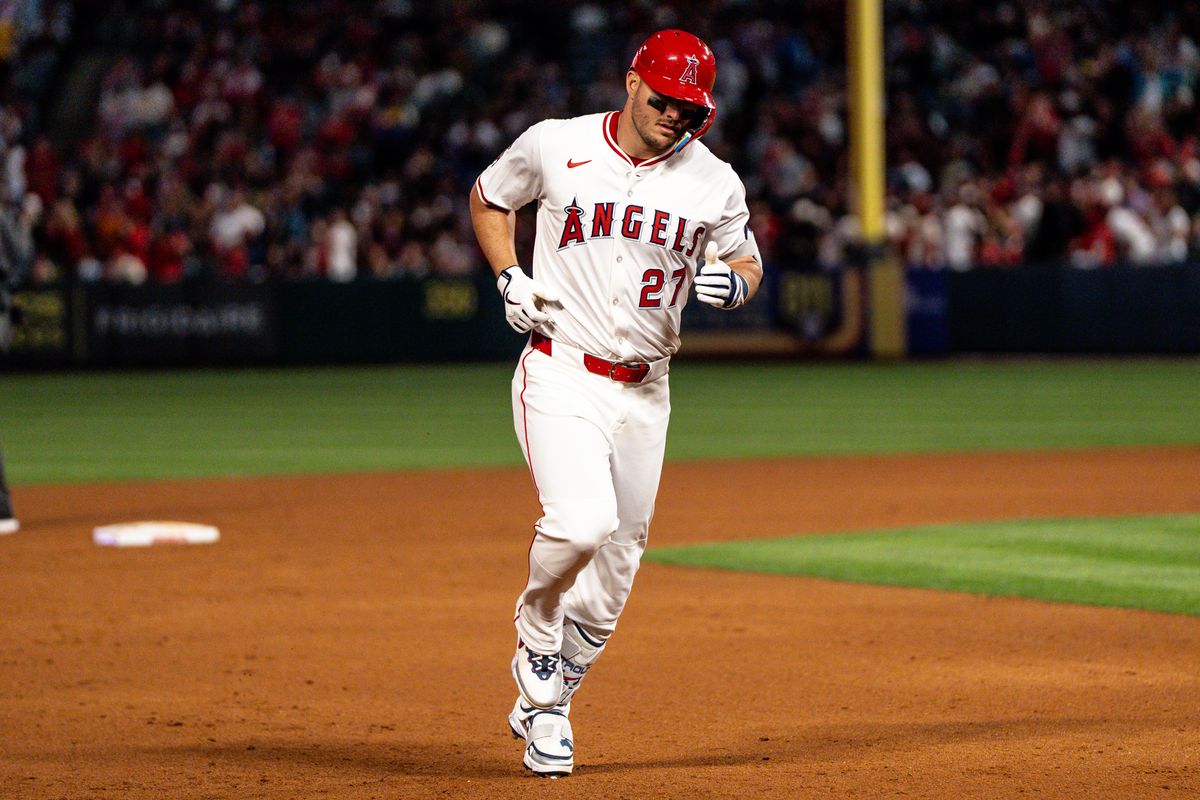 Los Angeles Angels OF Mike Trout (27) rounds the bases after a home run during the game against the Cleveland Guardians on Saturday, April 5th, 2025, at Angel Stadium in Anaheim, CA. Los Angeles Angels OF Mike Trout (27) rounds the bases after a home run during the game against the Cleveland Guardians on Saturday, April 5th, 2025, at Angel Stadium in Anaheim, CA.