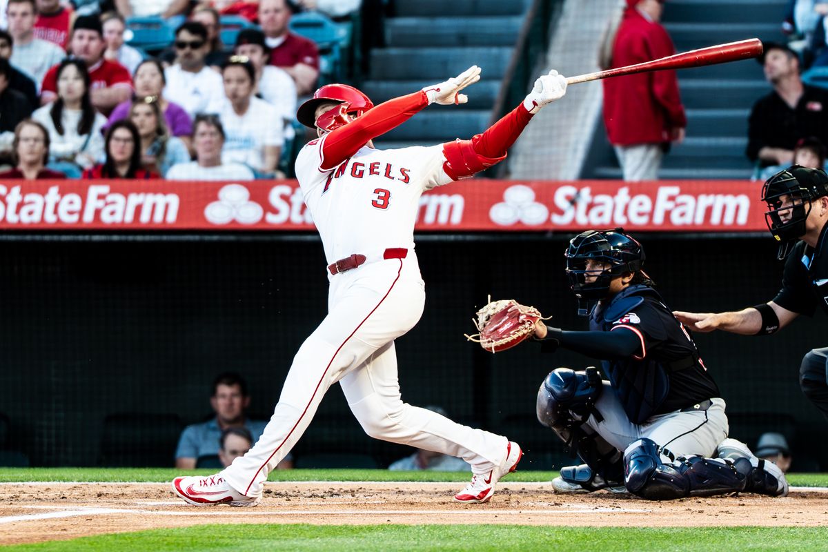 Los Angeles Angels OF Taylor Ward (3) hits a home run during the game against the Cleveland Guardians on Saturday, April 5th, 2025, at Angel Stadium in Anaheim, CA. Los Angeles Angels OF Taylor Ward (3) hits a home run during the game against the Cleveland Guardians on Saturday, April 5th, 2025, at Angel Stadium in Anaheim, CA.