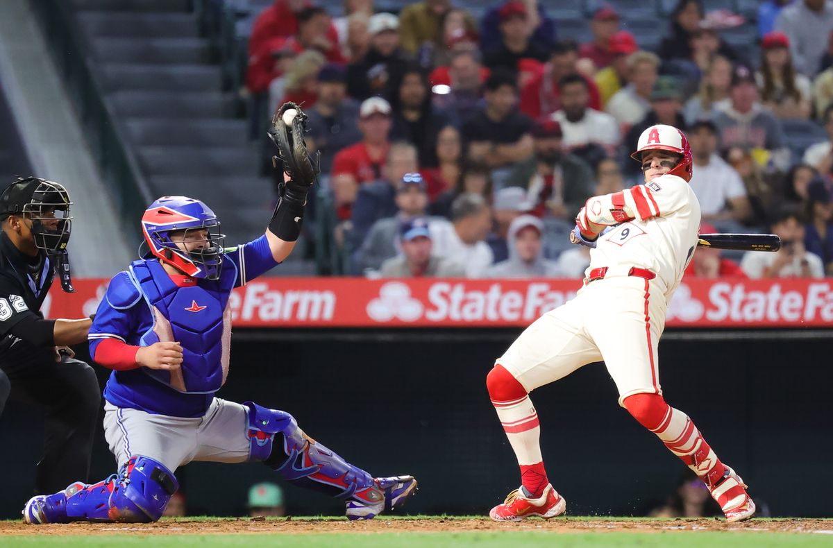 Los Angeles Angels infielder #9 Jorge Zach Neto evades a close pitch against the Toronto Blue Jays on May 7, 2025 in Anaheim, CA.
