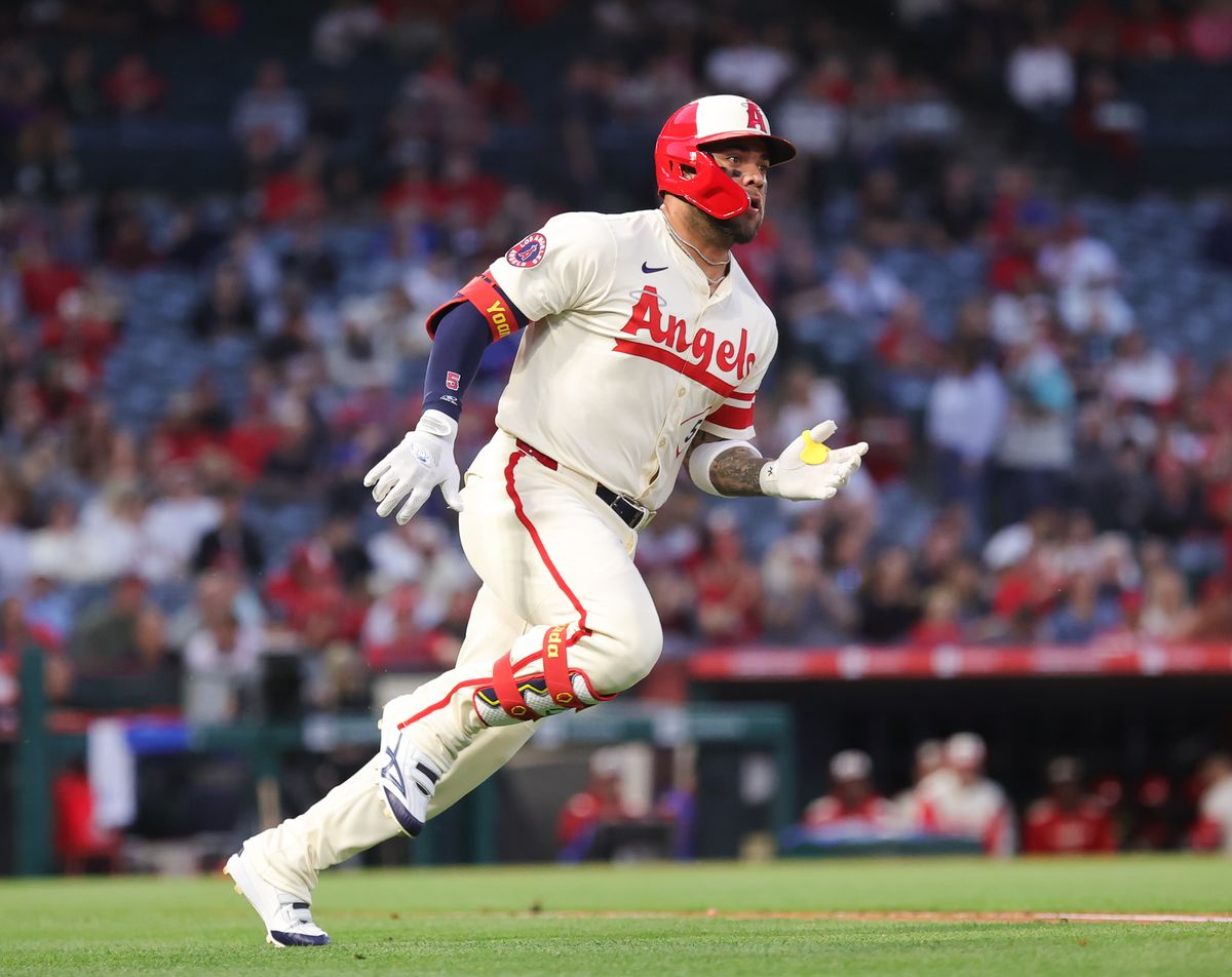Los Angeles Angels infielder #5 Yoan Moncada runs the bases against the Toronto Blue Jays on May 7, 2024 in Anaheim, CA.