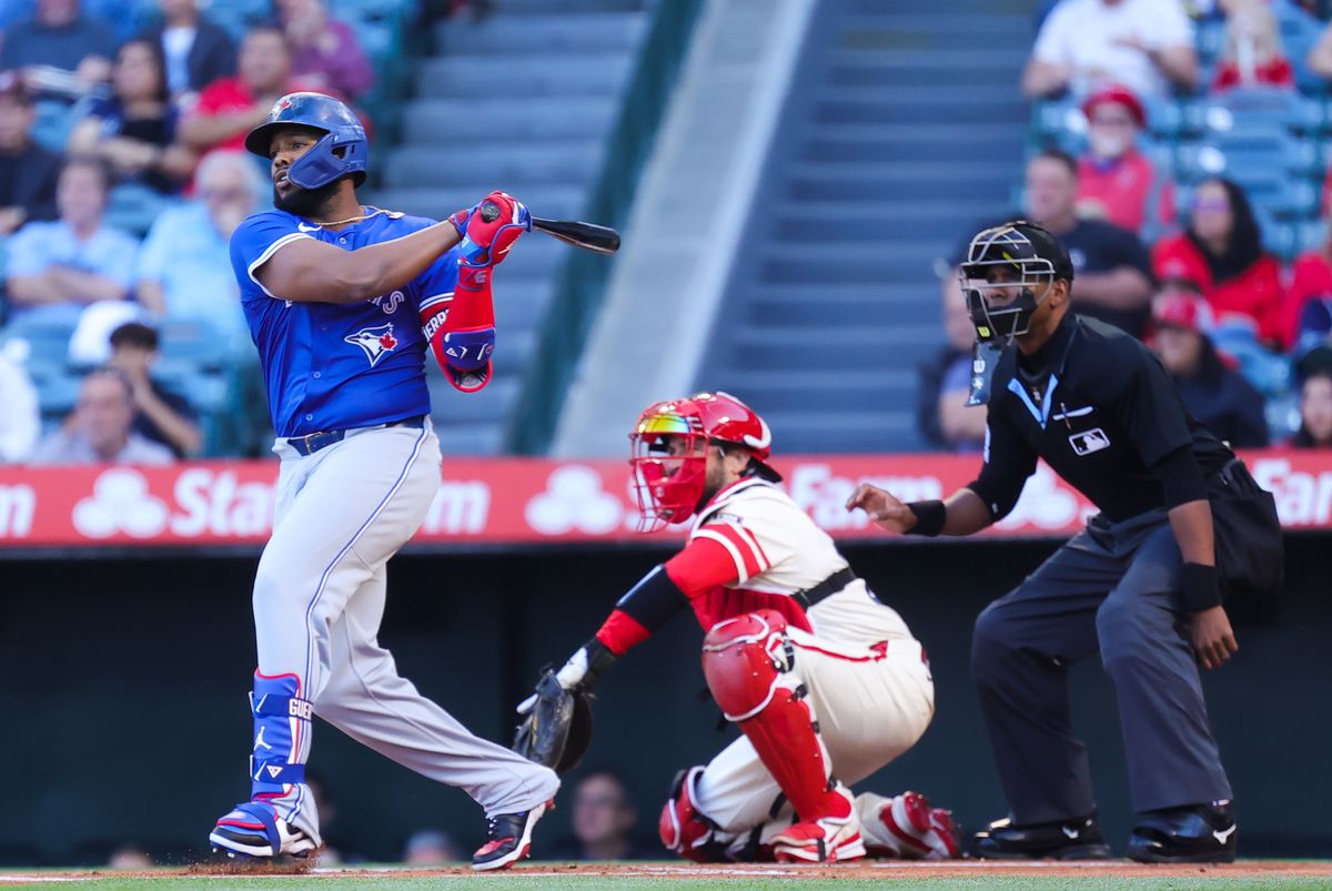 Toronto Blue Jays infielder #27 Vladmir Guerrero Jr. at bat against the Los Angeles Angels on May 7, 2024 in Anaheim, CA.