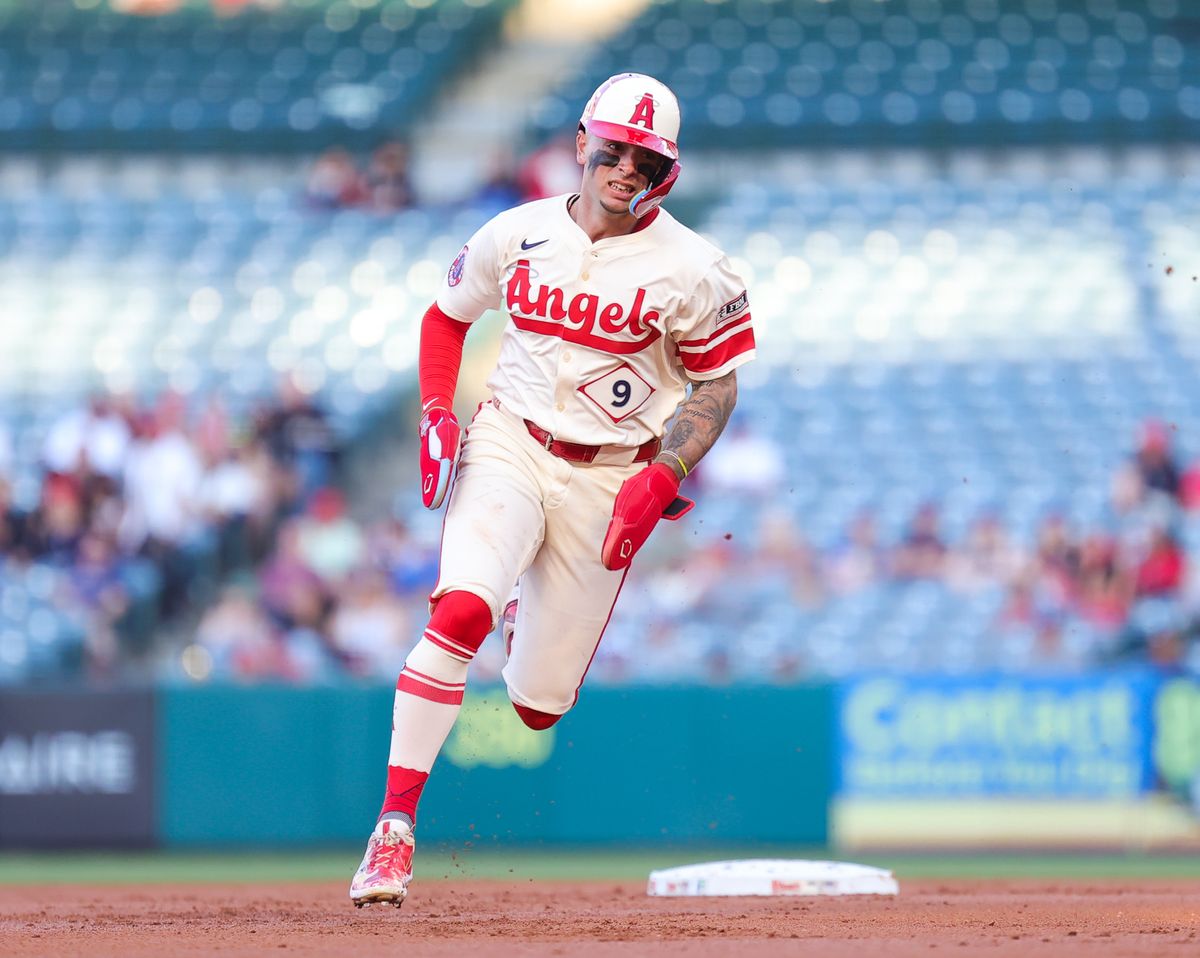 Los Angeles Angels infielder #9 Zach Neto runs the bases against the Toronto Blue Jays on May 7, 2024 in Anaheim, CA.