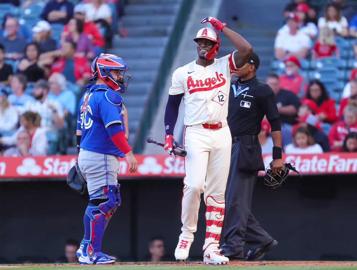 Los Angeles Angels outfielder #12 Jorge Soler at bat against the Toronto Blue Jays on May 7, 2024 in Anaheim, CA.