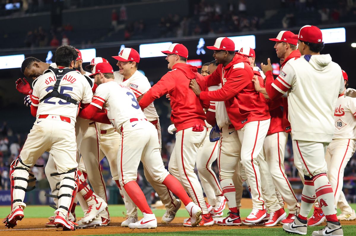 Los Angeles Angels players celebrate their win against the Toronto Blue Jays on May 7, 2024 in Anaheim, CA.