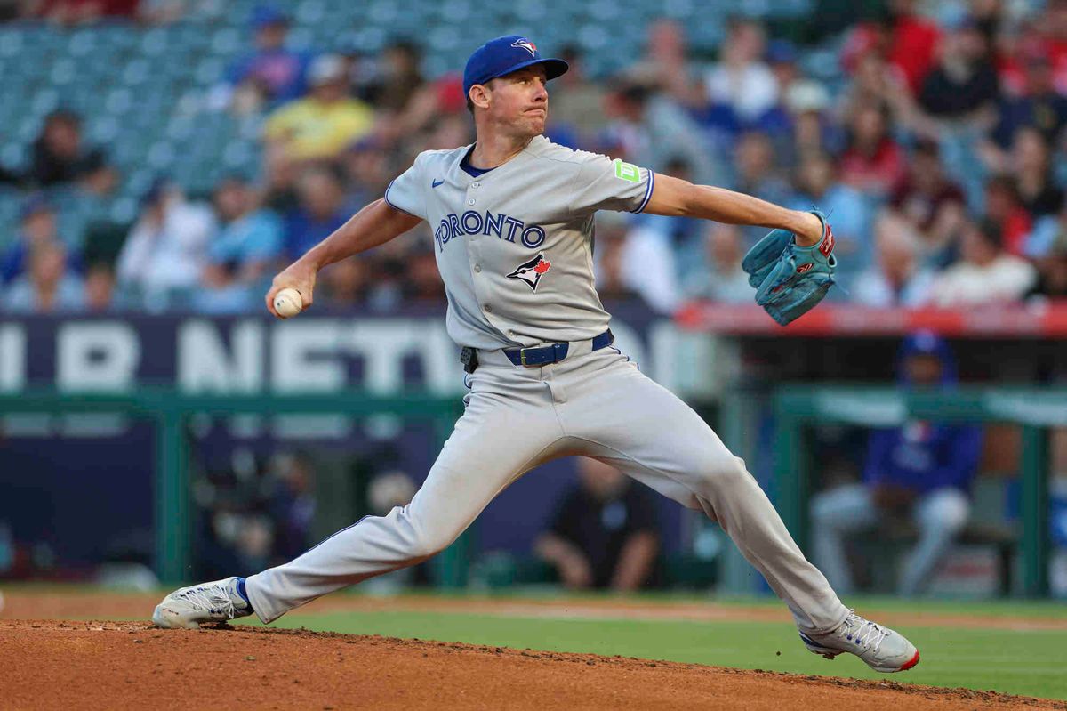 Chris Bassitt #40 of the Toronto Blue Jays throws a pitch during a game against the Los Angeles Angels at Angel Stadium of Anaheim on Thursday, May 8, 2025 in Anaheim, California.