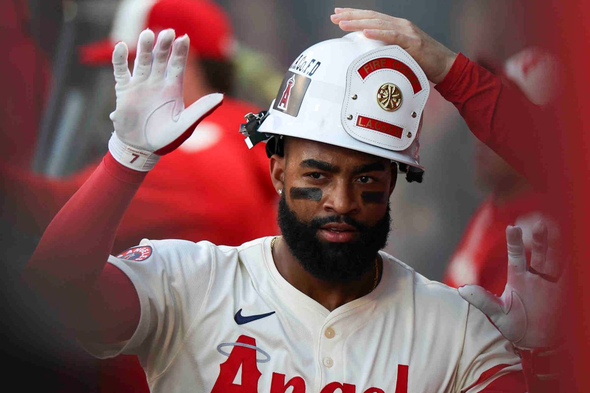 Jo Adell #7 of the Los Angeles Angels celebrates a solo home run in the second inning during a game against the Toronto Blue Jays at Angel Stadium of Anaheim on Thursday, May 8, 2025 in Anaheim, California.