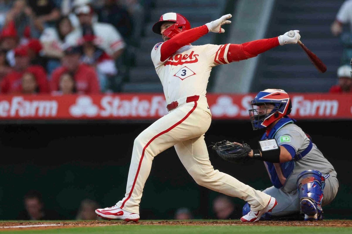 Taylor Ward #3 of the Los Angeles Angels swings the bat in the second inning during a game against the Toronto Blue Jays at Angel Stadium of Anaheim on Thursday, May 8, 2025 in Anaheim, California.