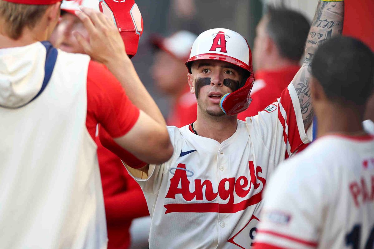 Zach Neto #9 of the Los Angeles Angels celebrates scoring a run during a game against the Toronto Blue Jays at Angel Stadium of Anaheim on Thursday, May 8, 2025 in Anaheim, California.