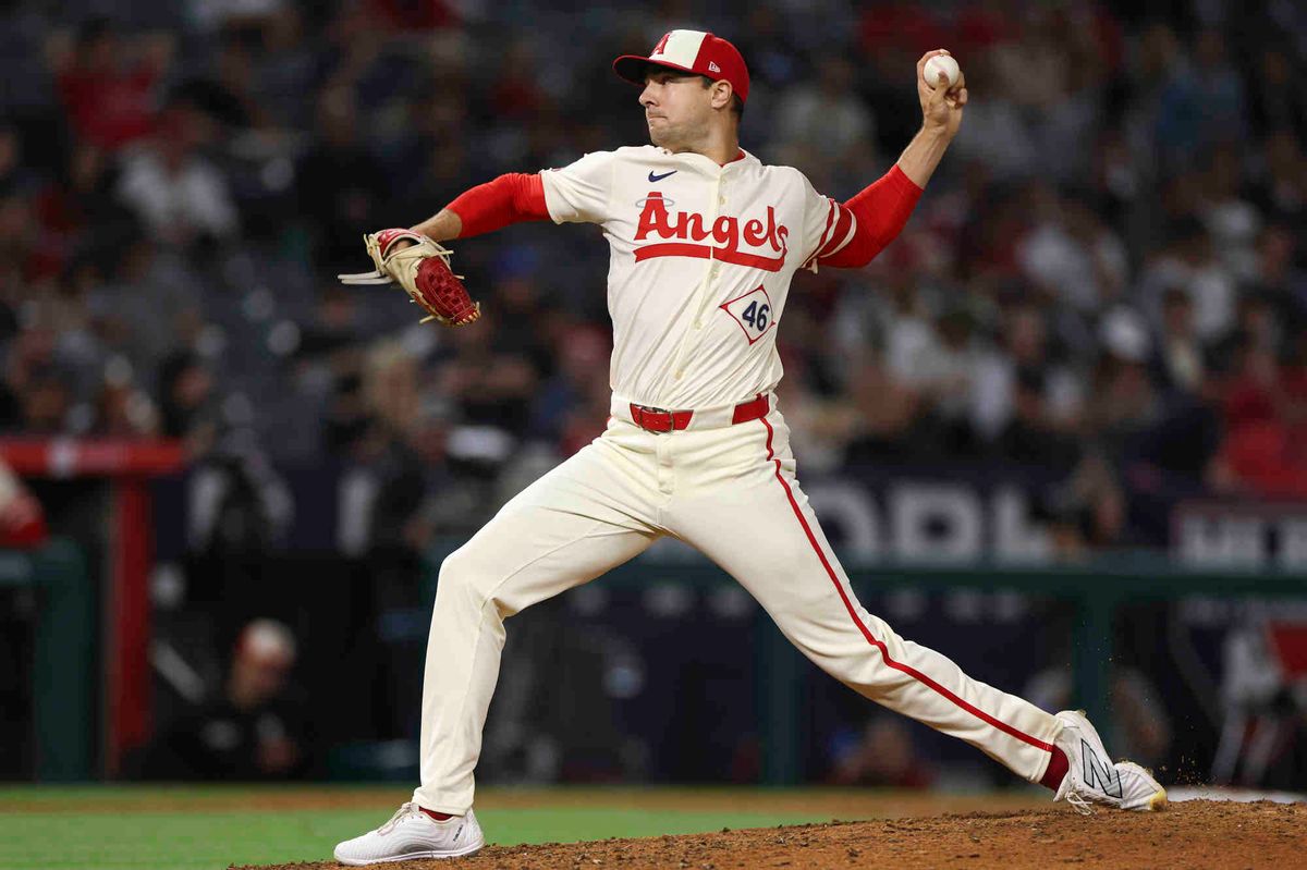 Brock Burke #46 of the Los Angeles Angels throws a pitch during a game against the Toronto Blue Jays at Angel Stadium of Anaheim on Thursday, May 8, 2025 in Anaheim, California.