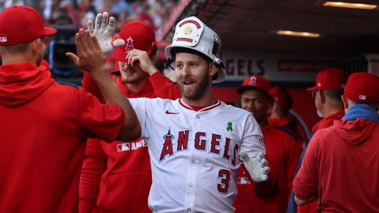 Los Angeles Angels outfielder Taylor Ward (3) celebrates after hitting a home run during the MLB game against the Miami Marlins Friday May 23rd, 2025 at Angel's Stadium in Anaheim, Calif.