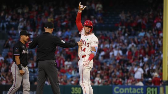 Los Angeles Angels catcher Logan O'Hoppe (14) celebrates after hitting a double during the MLB game against the Miami Marlins Friday May 23rd, 2025 at Angel's Stadium in Anaheim, Calif.