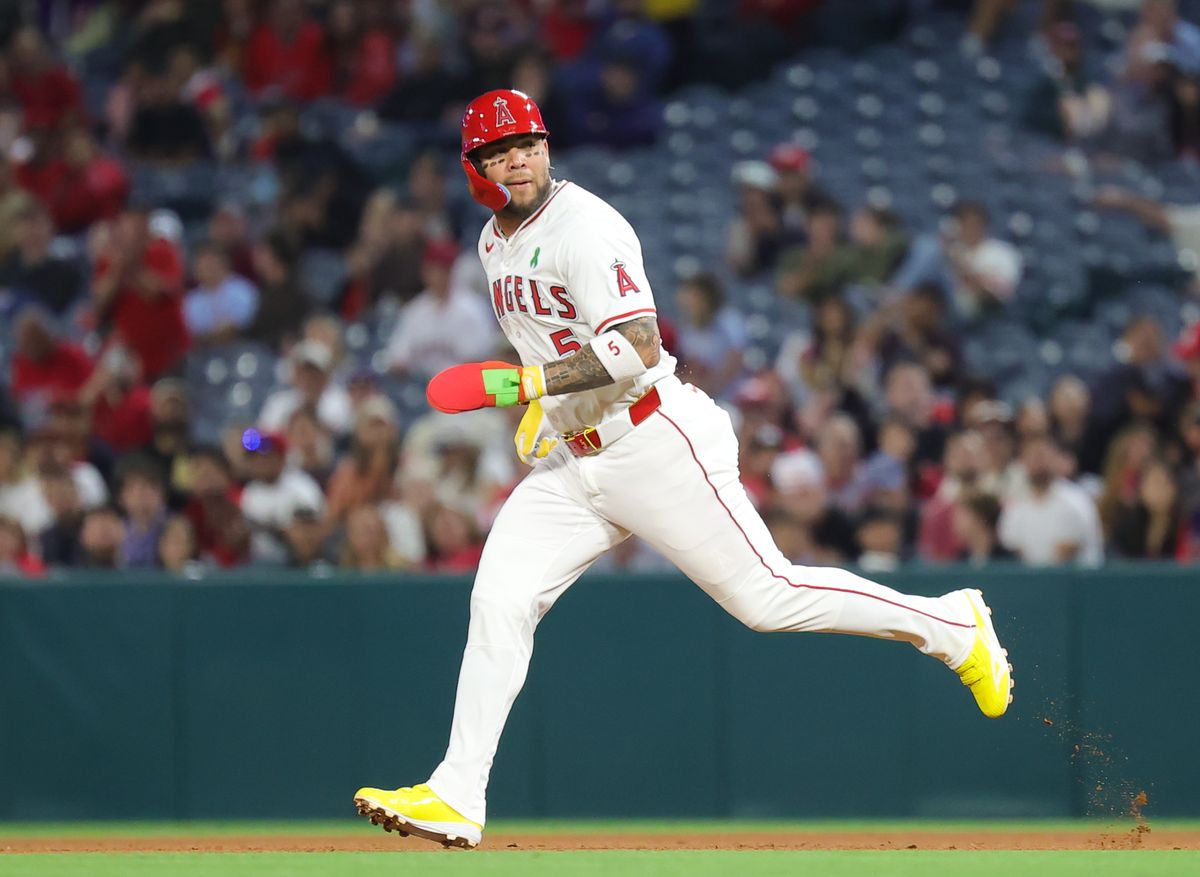 Los Angeles Angels infielder #5 Yoan Moncada runs the bases during an MLB game against the Florida Marlins on May 24, 2025 in Anaheim, CA.