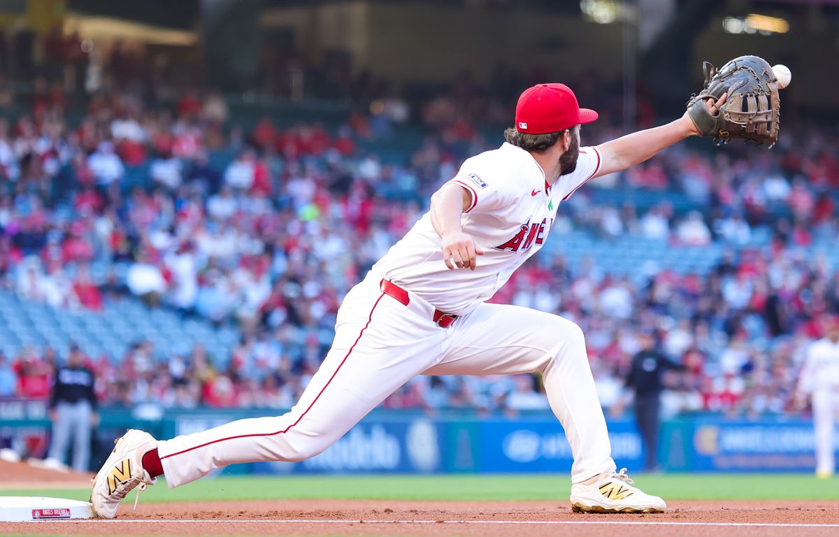 Los Angeles Angels infielder #18 Nolan Schanuel earns an out during an MLB game against the Florida Marlins on May 24, 2025 in Anaheim, CA. in Anaheim, CA.