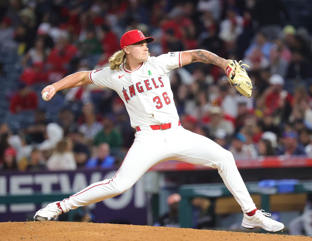Los Angeles Angels pitcher #36 Caden Dana throws a pitch during an MLB game against the Florida Marlins on May 24, 2025 in Anaheim, CA.