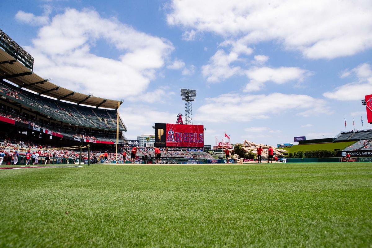Los Angeles Angels field before the game against the Miami Marlins on Sunday, May 25, 2025, at Angel Stadium in Anaheim, CA.