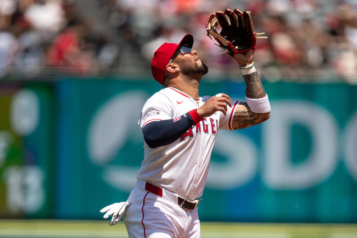 Los Angeles Angels third base Yoán Moncada (5) catches high ball during the game against the Miami Marlins on Sunday, May 25, 2025, at Angel Stadium in Anaheim, CA.