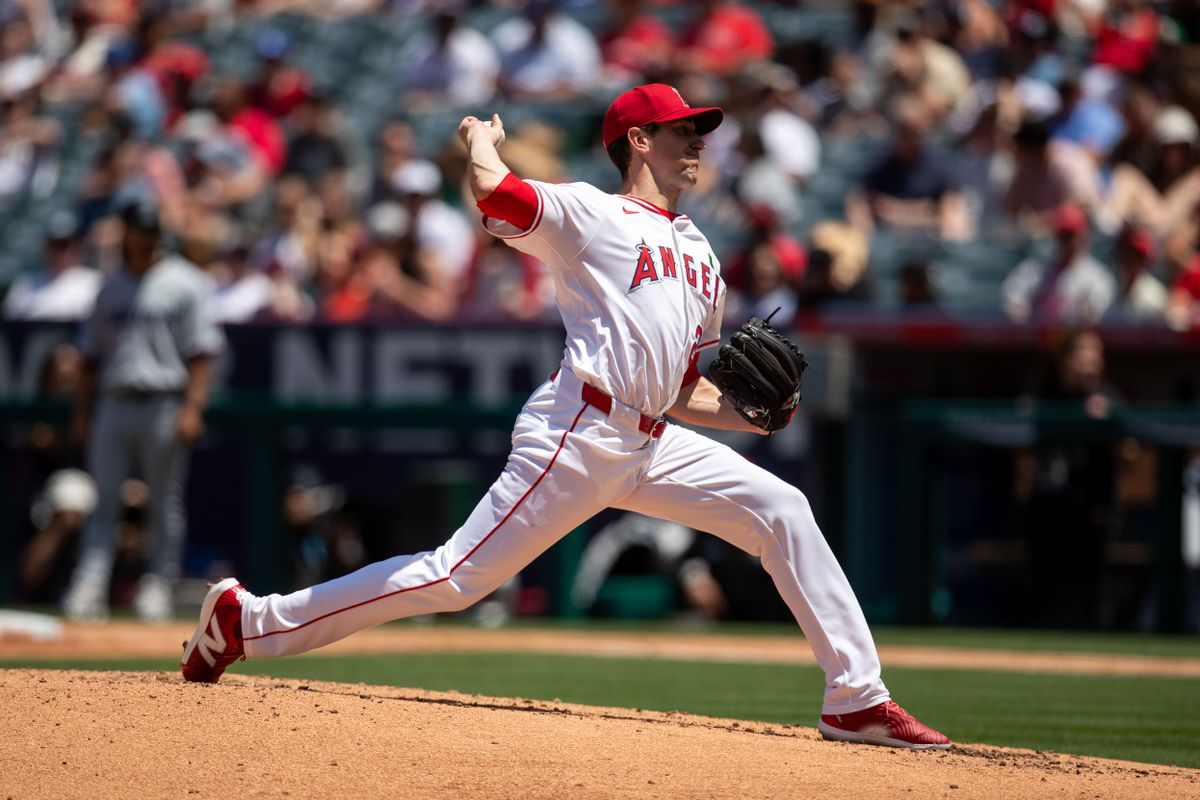 Los Angeles Angels pitcher, pitches during the game against the Miami Marlins on Sunday, May 25, 2025, at Angel Stadium in Anaheim, CA.