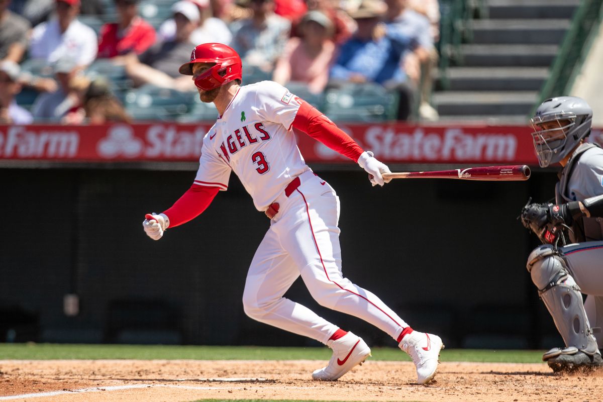 Los Angeles Angels outfielder Taylor Ward (3) hits the balll during the game against the Miami Marlins on Sunday, May 25, 2025, at Angel Stadium in Anaheim, CA.