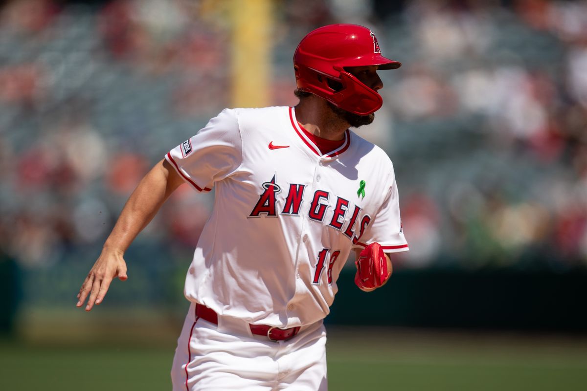 Los Angeles Angels first base Nolan Schanuel (18) runs to third base during the game against the Miami Marlins on Sunday, May 25, 2025, at Angel Stadium in Anaheim, CA.